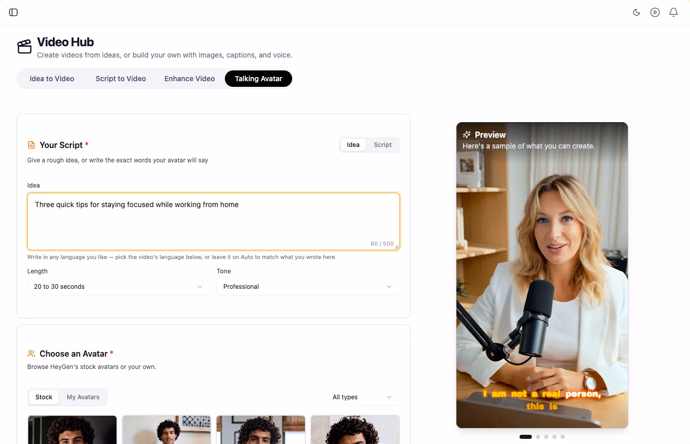 Talking avatar videos from an idea or a script — product screenshot