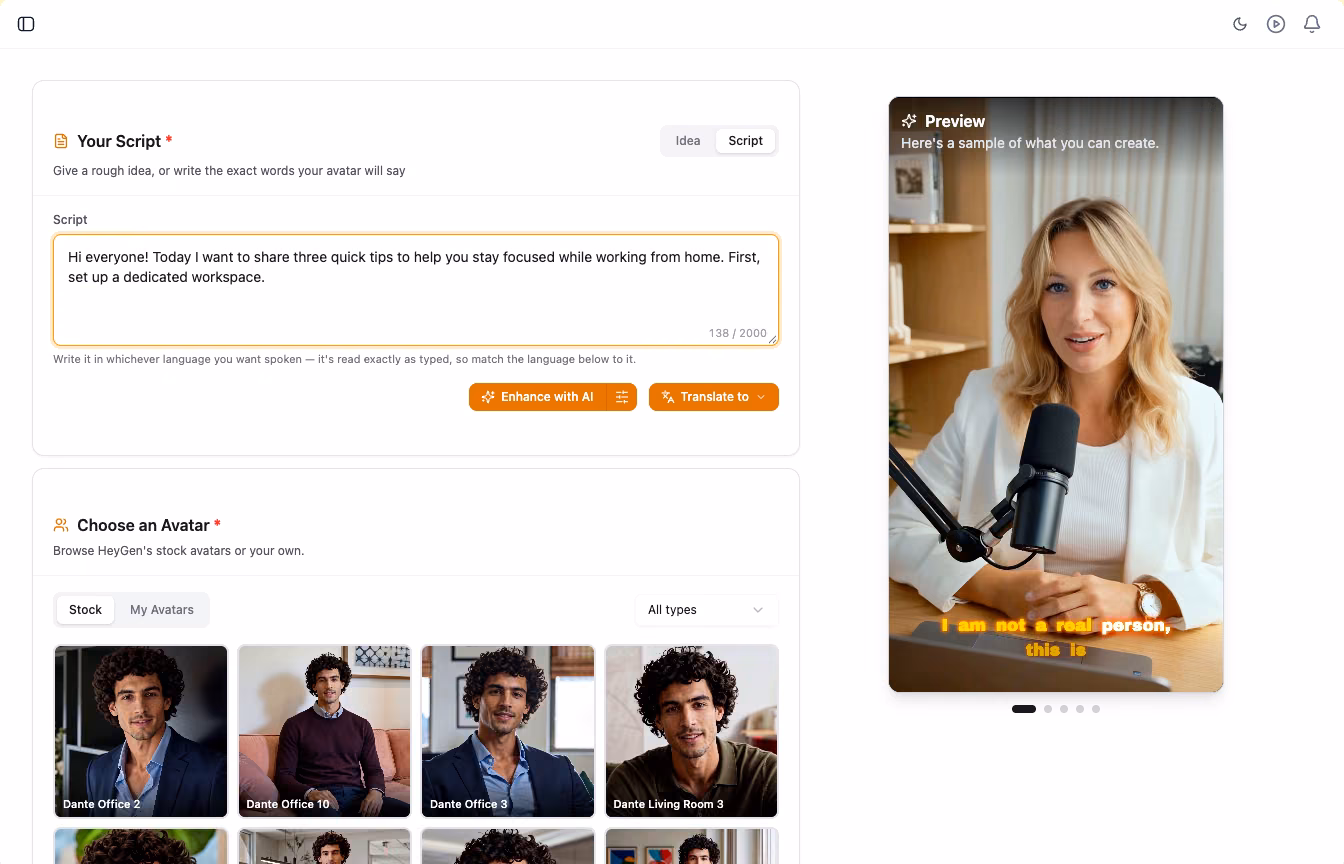 Script and idea input for an avatar video in Qten AI