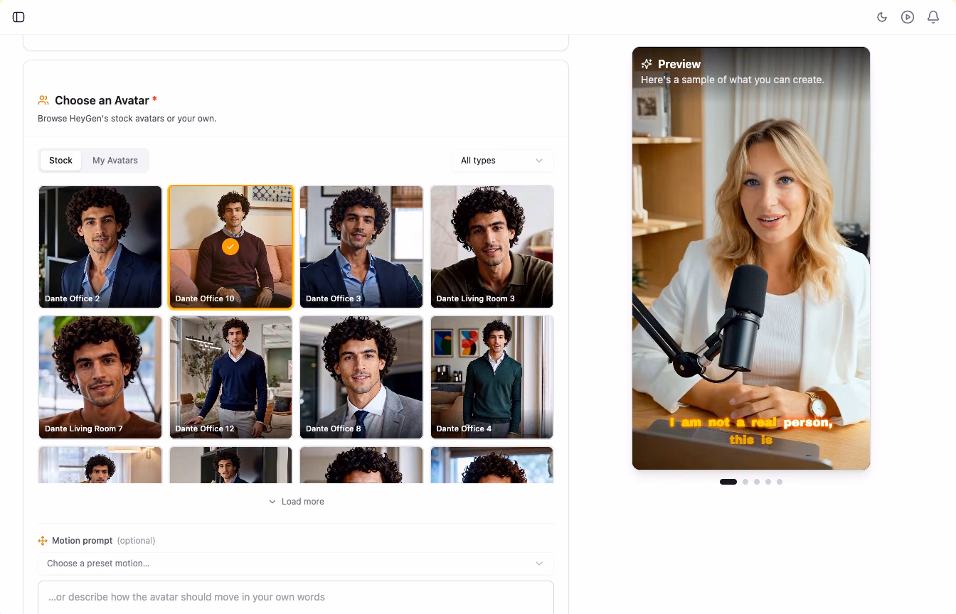 Choosing an avatar in Qten AI