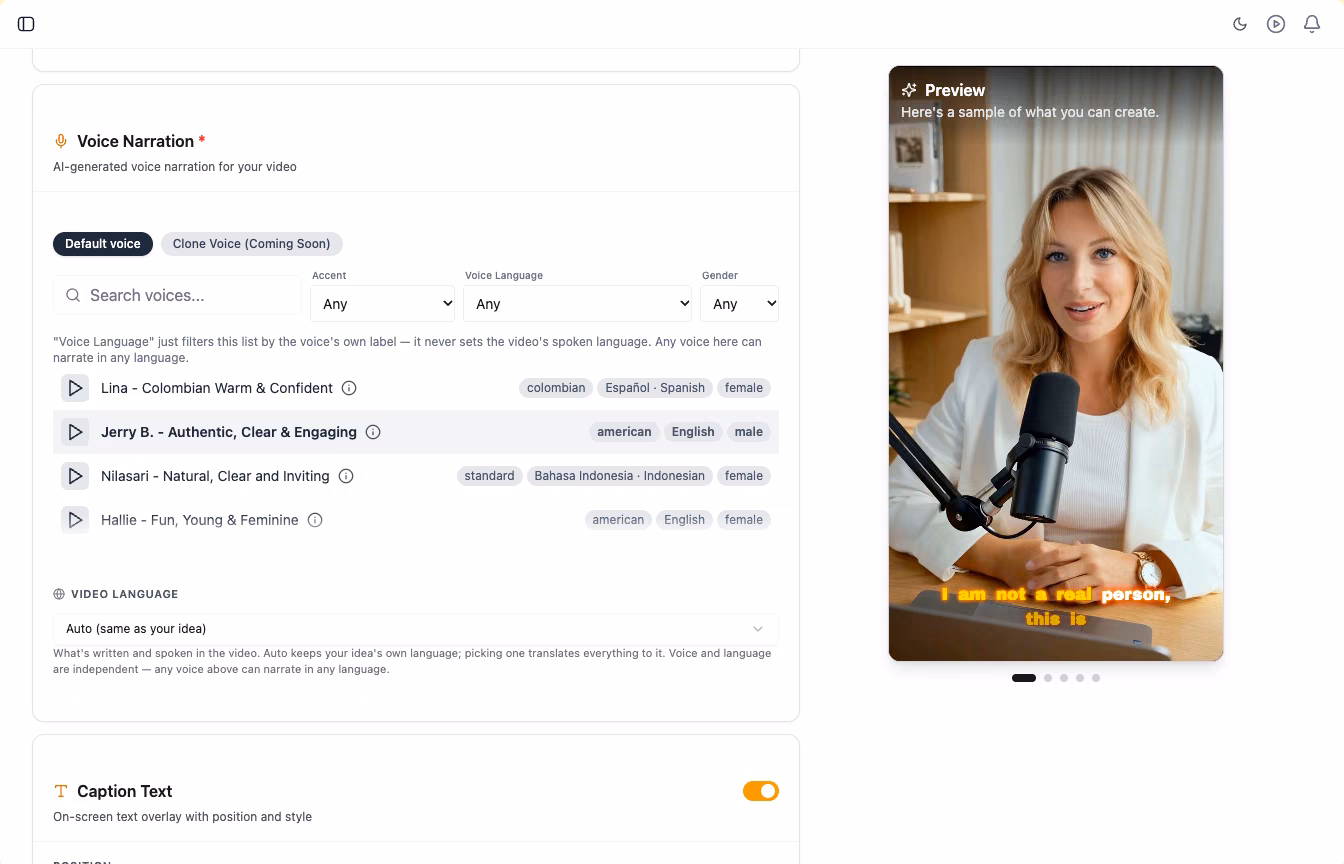 Voice, language and caption settings in Qten AI