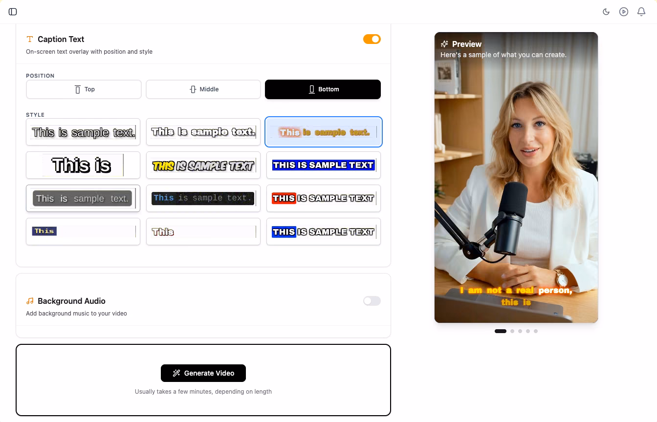 Caption styles and the Generate Video button in Qten AI
