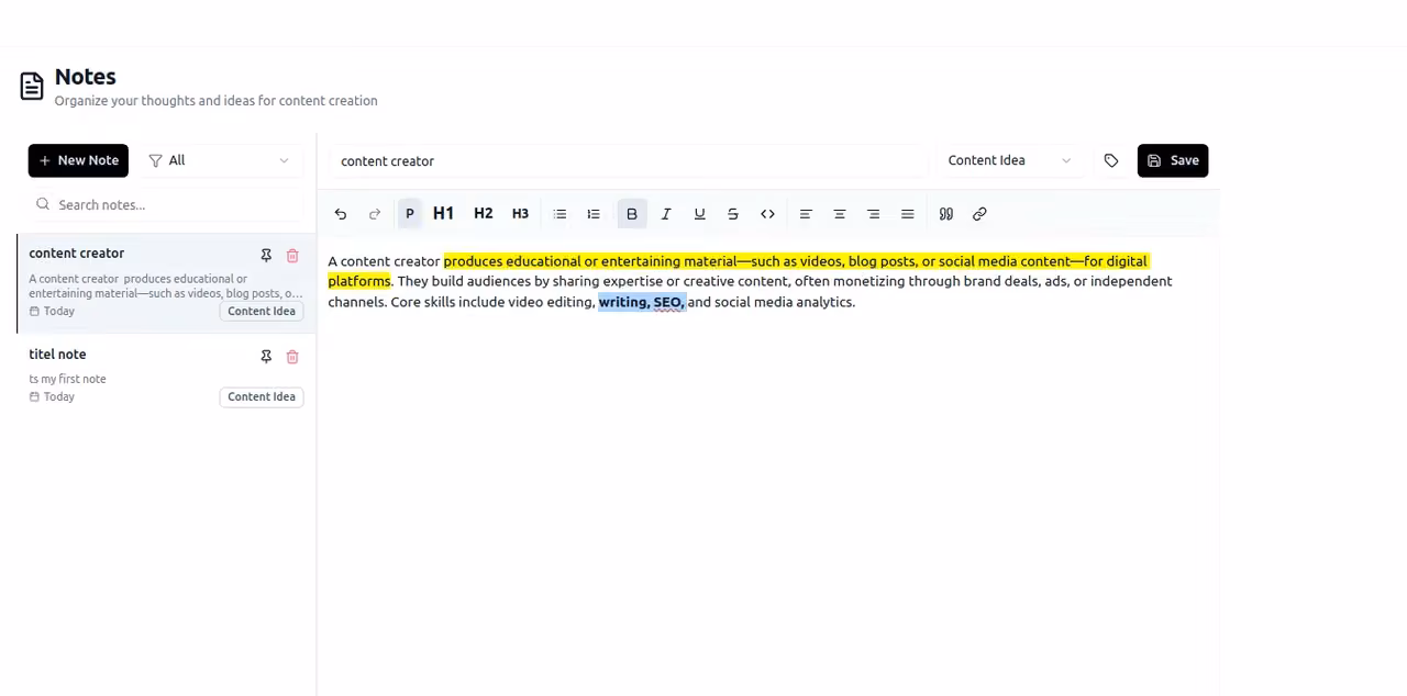 Write, organise, and connect all your content ideas — product screenshot